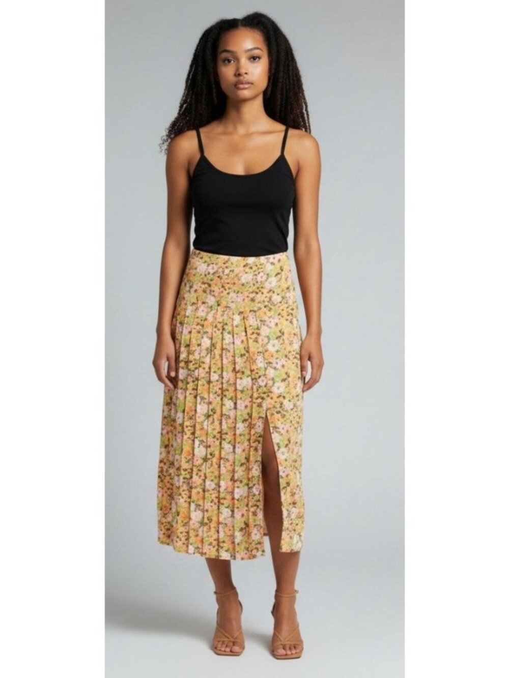 Open Edit Pleated Midi Skirt In Orange Multi Meadow Floral
